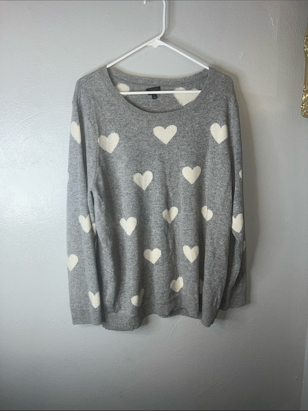 Talbots Cashmere Gray Heart Print Women's Sweater - Cream Hearts